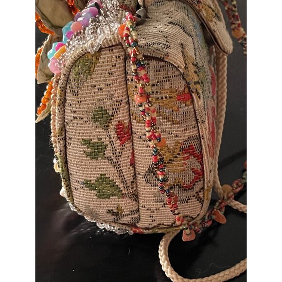 Tapestry Handbag Elegantly Beaded in Multicolors With Applied Vinyl Flower - Picture 8 of 10